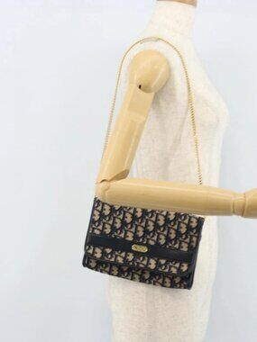 Christian Dior Trotter Canvas Chain Shoulder Bag Navy Gold Auth ARZ234